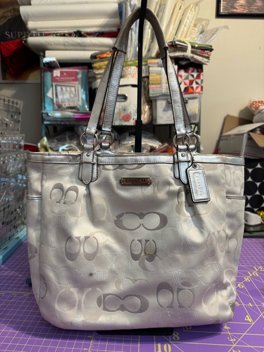 Coach Gallery Optic Silver Signature Jacquard Tote Project Bag